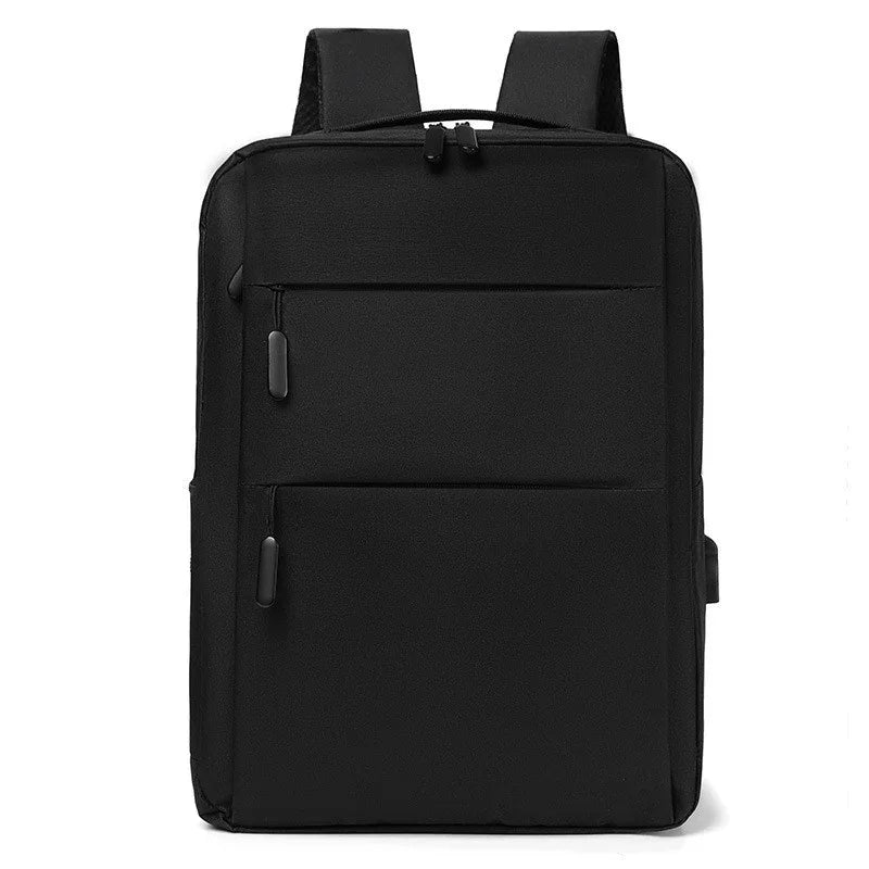 Black minimalist backpack with front zipper pockets and padded shoulder straps on white background