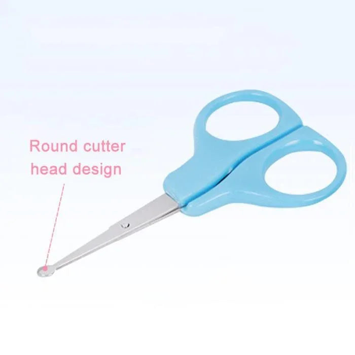 blue handled baby safety scissors with round cutter head design on white background