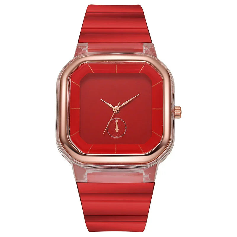 Modern square red wristwatch with rose gold bezel and red silicone strap