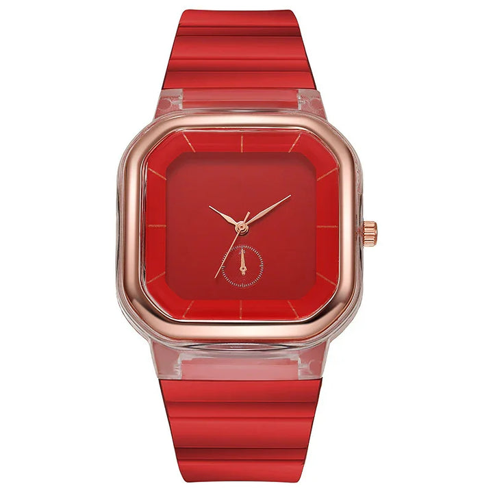 Modern square red wristwatch with rose gold bezel and red silicone strap
