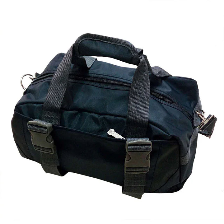 Black nylon duffel bag with sturdy handles, zipper closure, and buckle straps on white background
