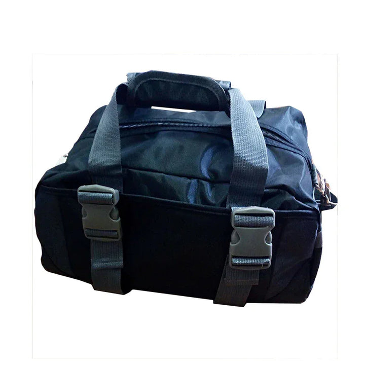 Black nylon duffel bag with handles, zipper closure, and buckle straps on white background