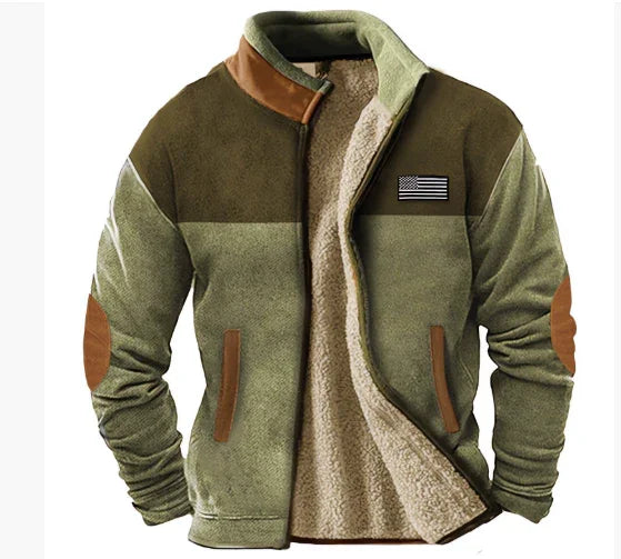 Men's olive green fleece jacket with brown patches and sherpa lining, American flag patch on chest