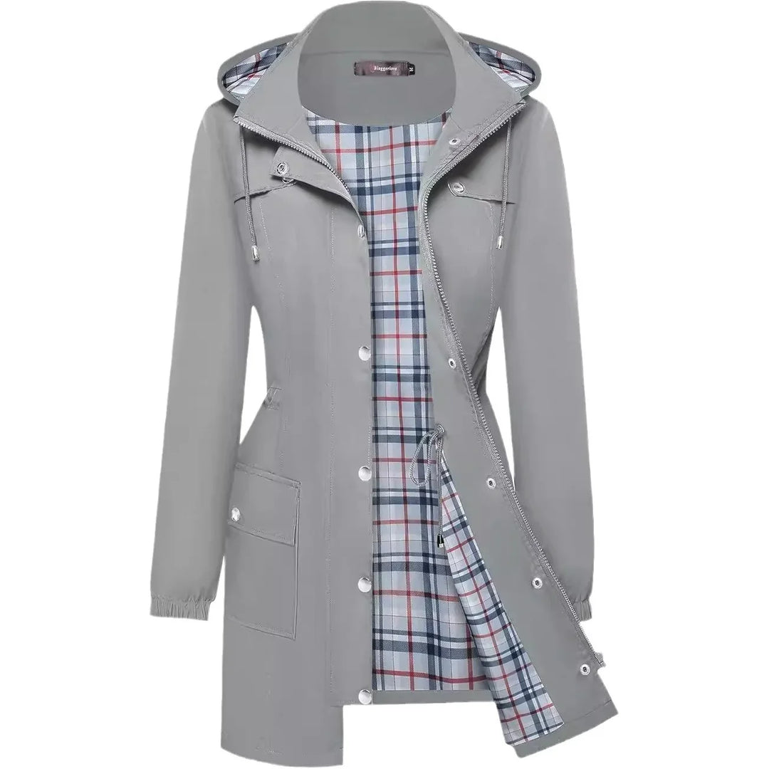 Gray hooded raincoat with plaid lining, button and zip closure, and large front pockets