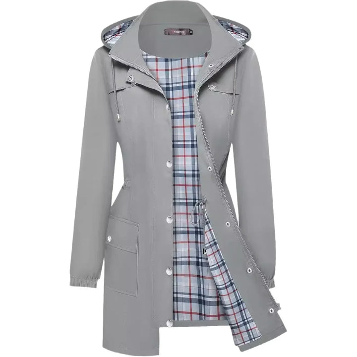 Gray hooded raincoat with plaid lining, button and zip closure, and large front pockets