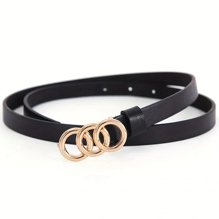 Black leather belt with three interlocking gold rings buckle on white background