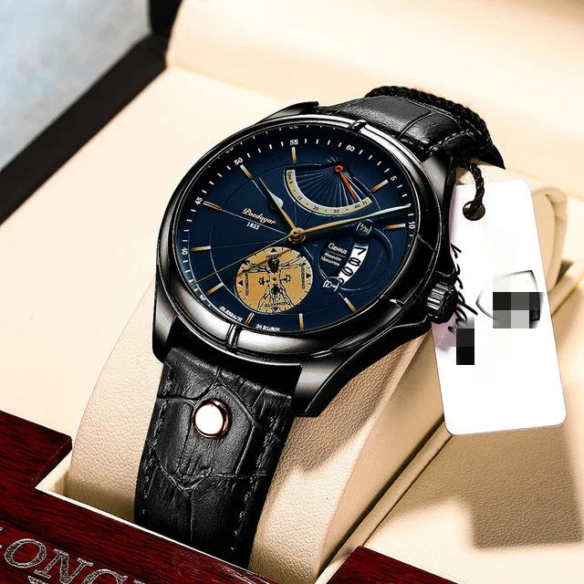 Luxury black wristwatch with leather strap, blue dial, date window, and intricate subdials in display box