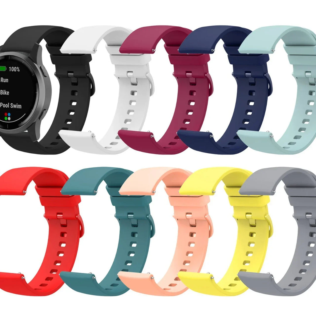 Variety of colorful silicone replacement bands for smartwatches with one showing fitness tracking display