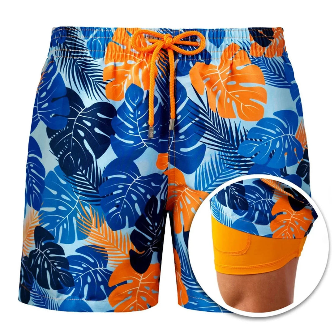 Men's tropical print swim shorts with orange and blue leaf design and inner orange liner
