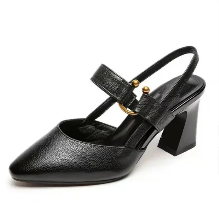 Black leather pointed toe slingback high heel shoe with gold buckle detail