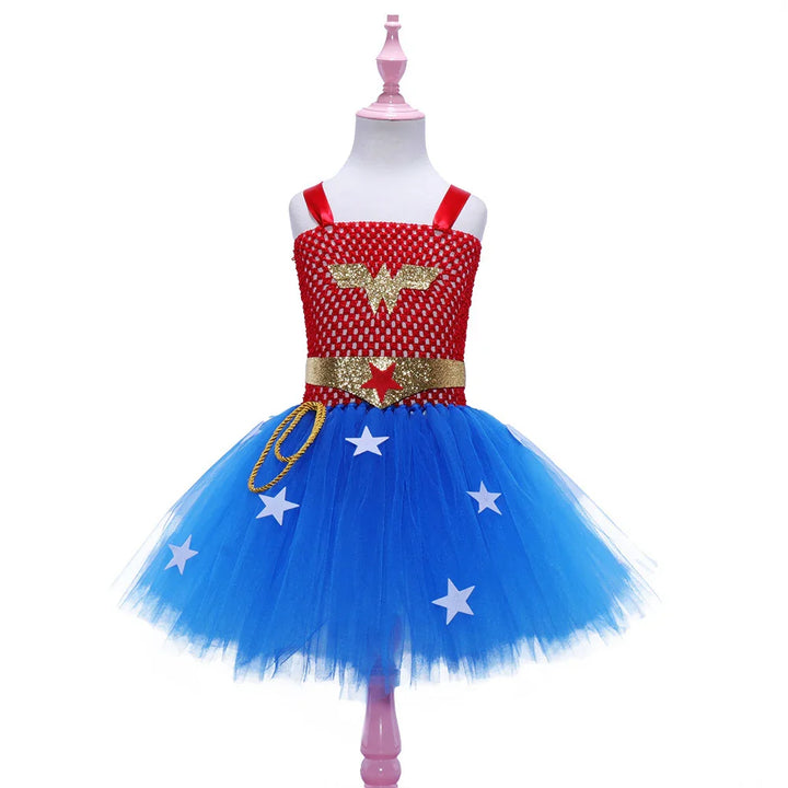 Kids Wonder Woman costume dress with red sequined top, gold emblem, blue tulle skirt with white stars