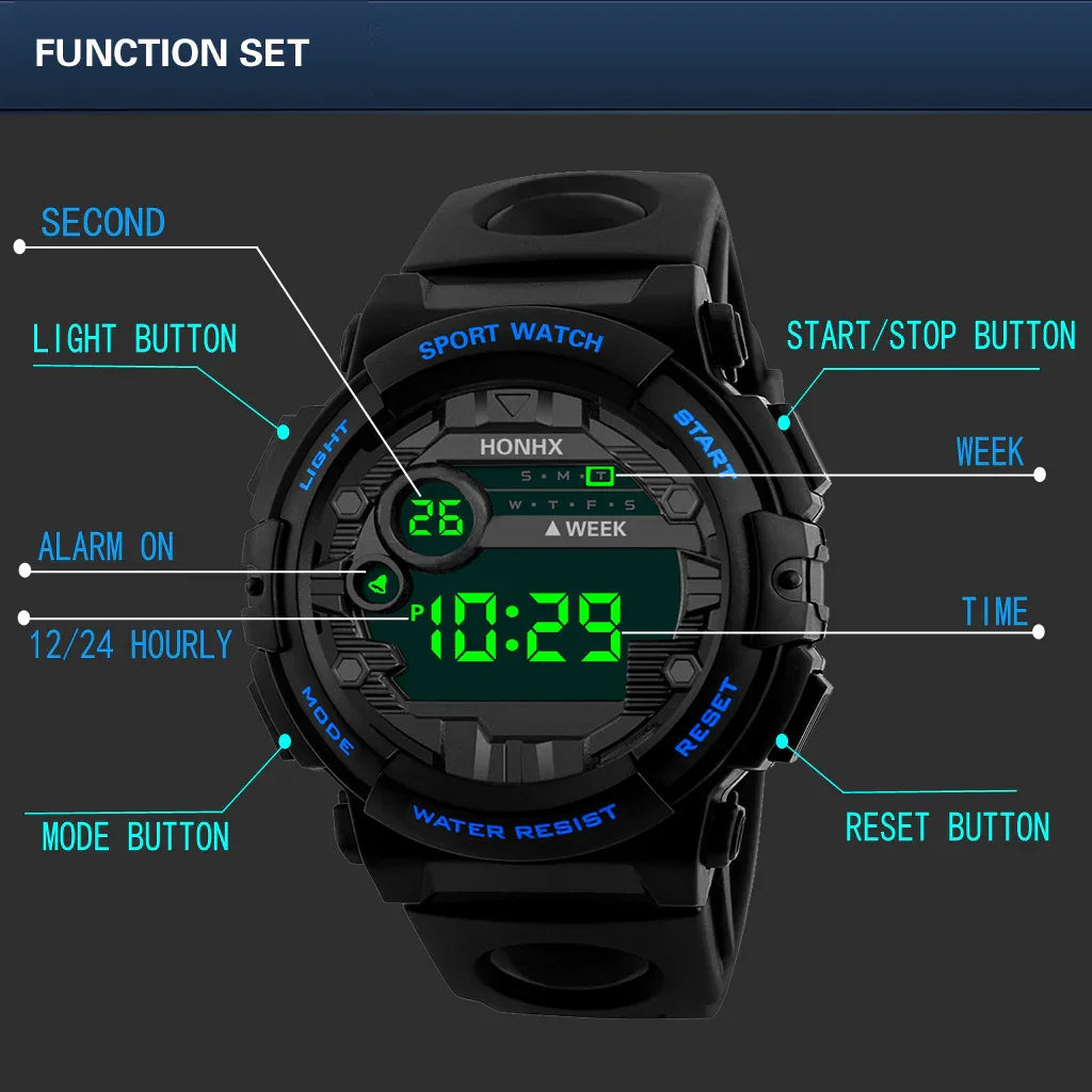 Black digital sport watch with light, start/stop, mode, and reset buttons and green digital time display