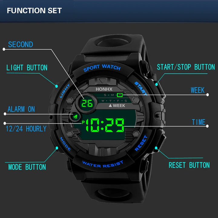 Black digital sport watch with light, start/stop, mode, and reset buttons and green digital time display