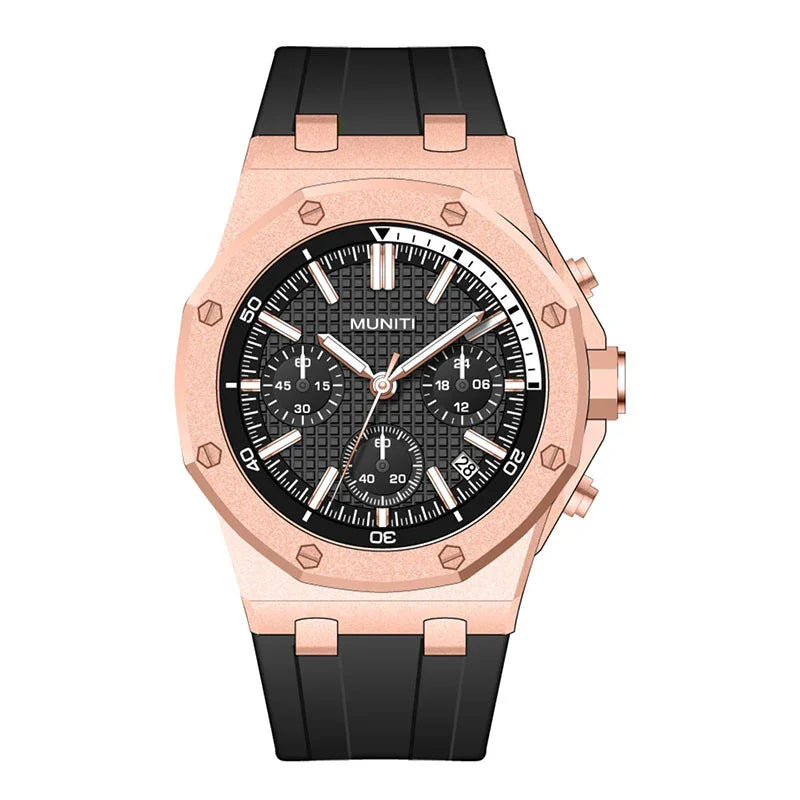 Rose gold chronograph wristwatch with black textured dial and black rubber strap by MUNITI