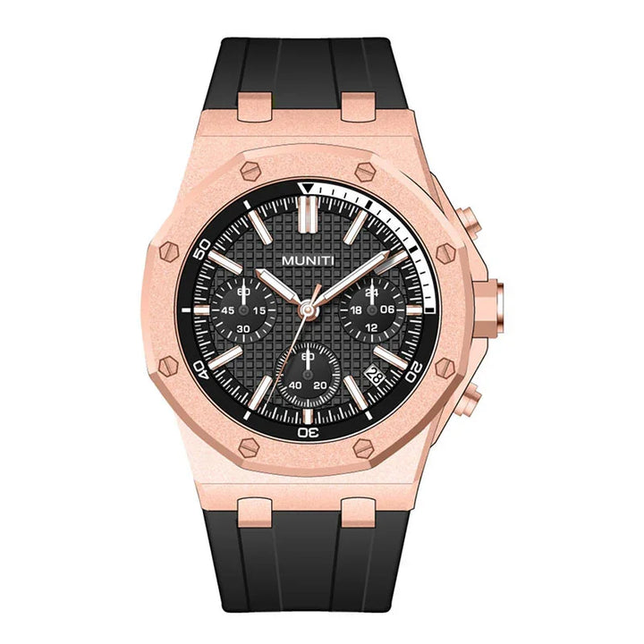 Rose gold chronograph wristwatch with black textured dial and black rubber strap by MUNITI