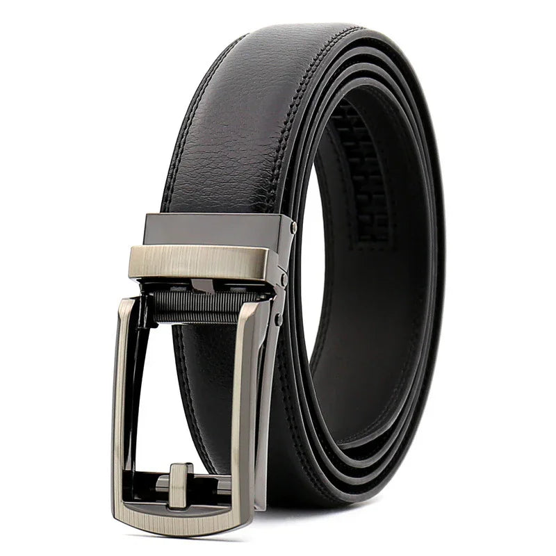 Black leather belt with silver metal ratchet buckle for men’s formal wear