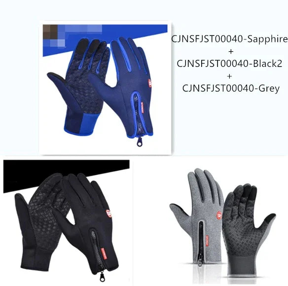 Three pairs of zippered winter gloves in sapphire blue, black, and grey with textured palm grips
