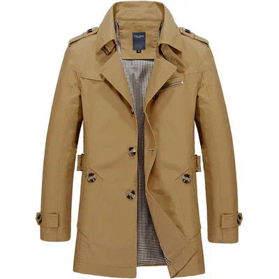 Men's tan trench coat with checkered inner lining, button and zipper details, and shoulder epaulets