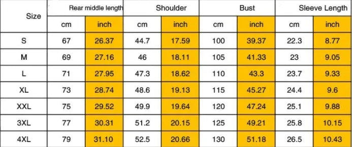 Clothing size chart showing measurements in cm and inches for rear middle length, shoulder, bust, and sleeve length from S to 4XL