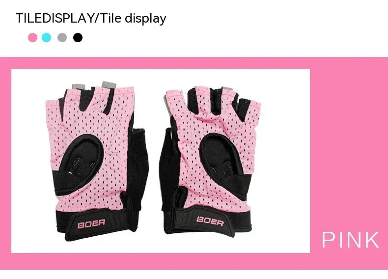 Pink BOER fingerless cycling gloves with black grip pads on white and pink background