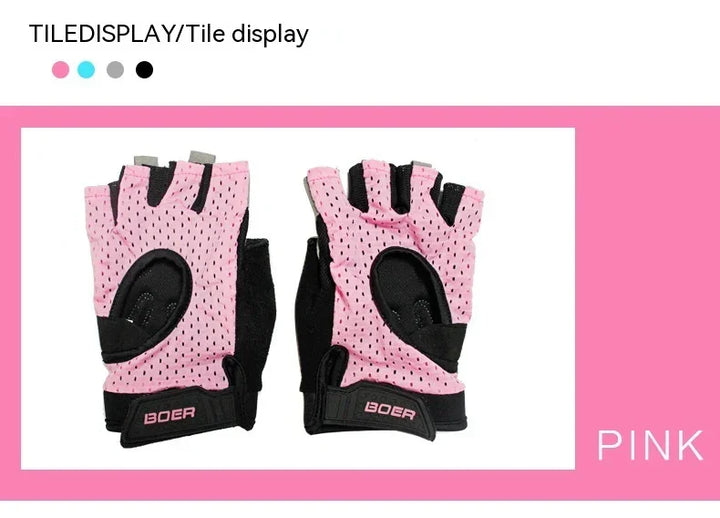 Pink BOER fingerless cycling gloves with black grip pads on white and pink background
