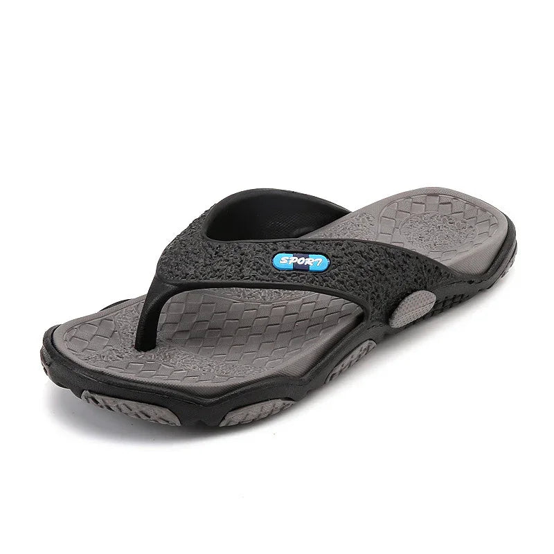 black and gray sport flip-flop sandal with textured sole and thong strap
