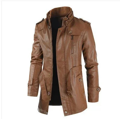 Men's brown faux leather jacket with stand collar, zip and button details, and multiple pockets