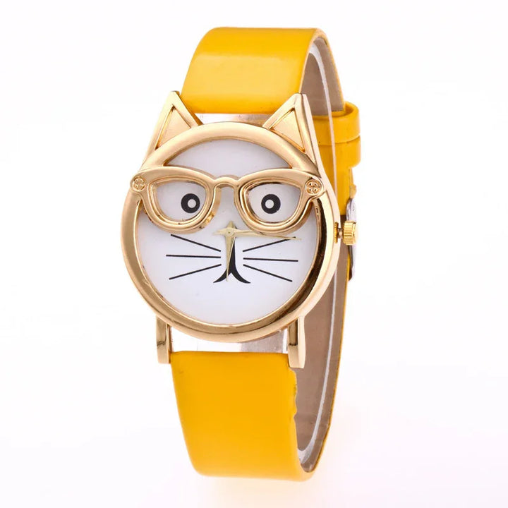Yellow wristwatch with a cat face dial featuring gold glasses and whiskers design