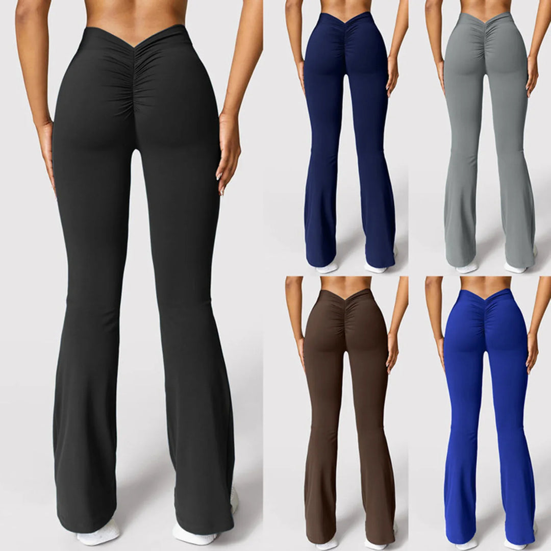 Women wearing scrunch butt flare yoga pants in black, navy, gray, brown, and blue colors from back
