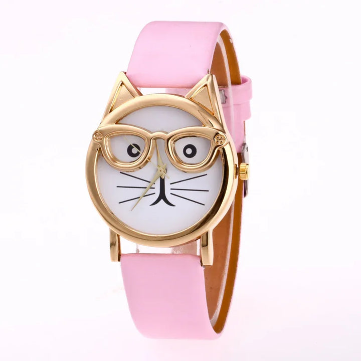 Cute cat face watch with gold glasses frame and pink strap on white background