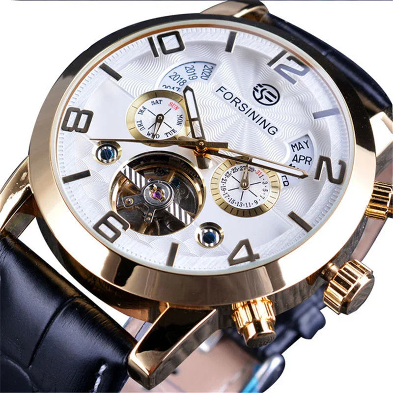 Forsining gold case wristwatch with white dial, black leather band, and multi-function subdials
