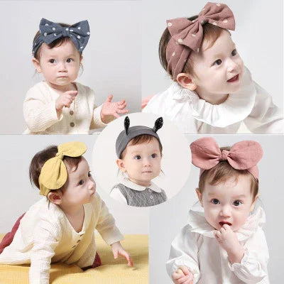 Collage of five babies wearing different large bow headbands in various soft colors and patterns, dressed in cute outfits