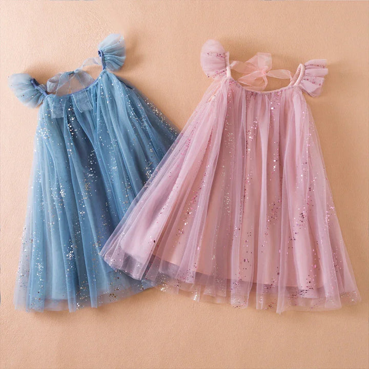 Blue and pink glittery tulle dresses with puff sleeves and ribbon ties for girls