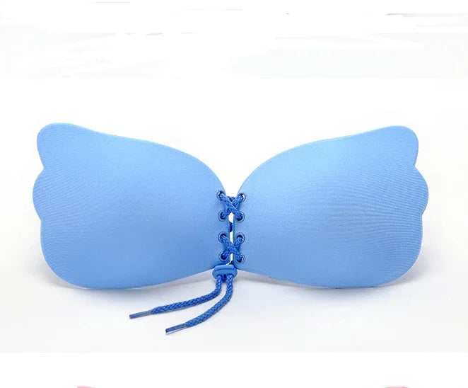 Blue adhesive strapless bra with scalloped edges and front lace-up closure