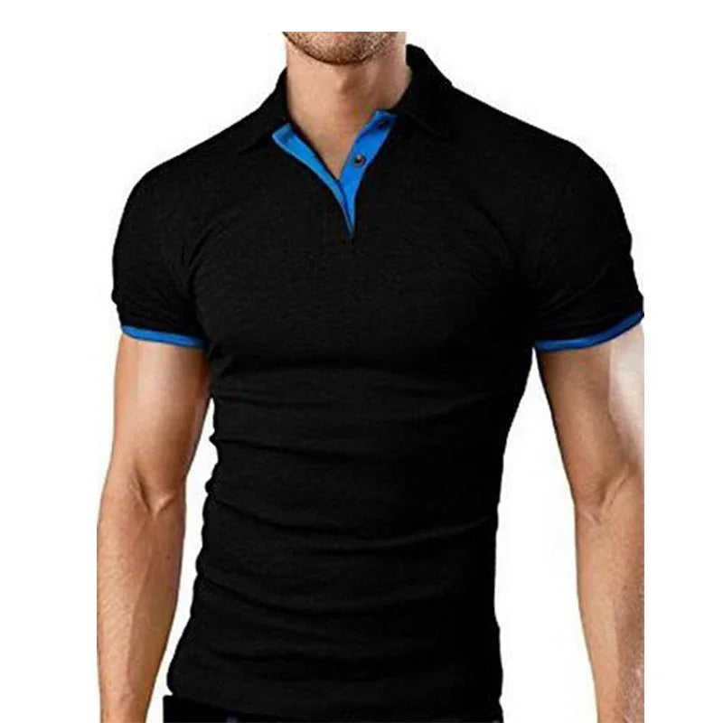 Black men's fitted polo shirt with blue collar and sleeve trim on muscular model