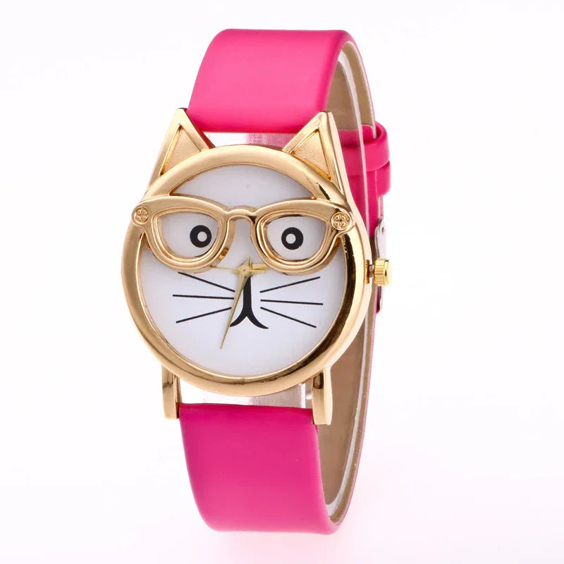 Stylish watch with pink strap and gold cat face design wearing glasses on white background