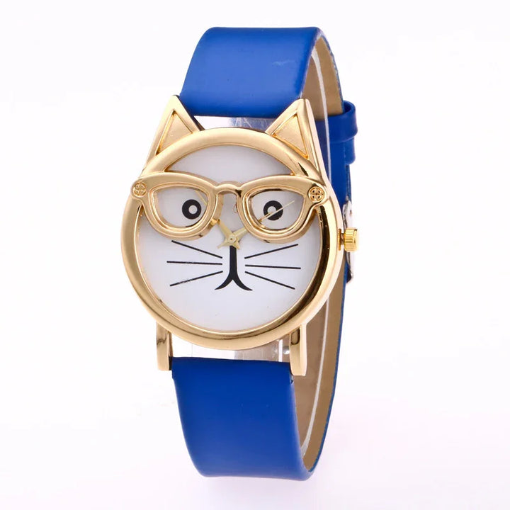 Blue strap wristwatch with gold cat face case and glasses design on white dial