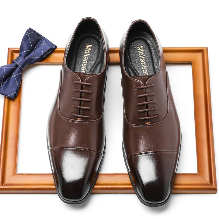 Pair of polished brown leather dress shoes inside wooden frame with blue checkered bow tie