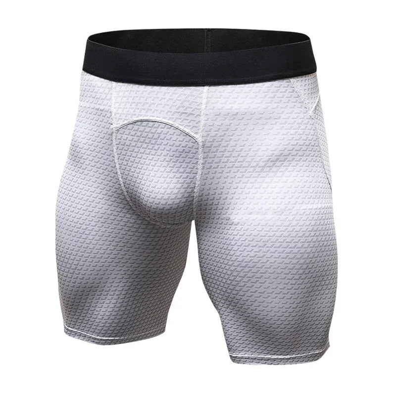 White textured men's athletic compression shorts with black waistband