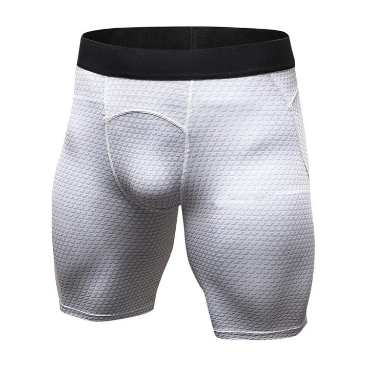 White textured men's athletic compression shorts with black waistband