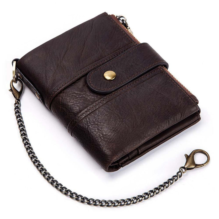 dark brown leather wallet with button strap closure and metal chain attachment on white background