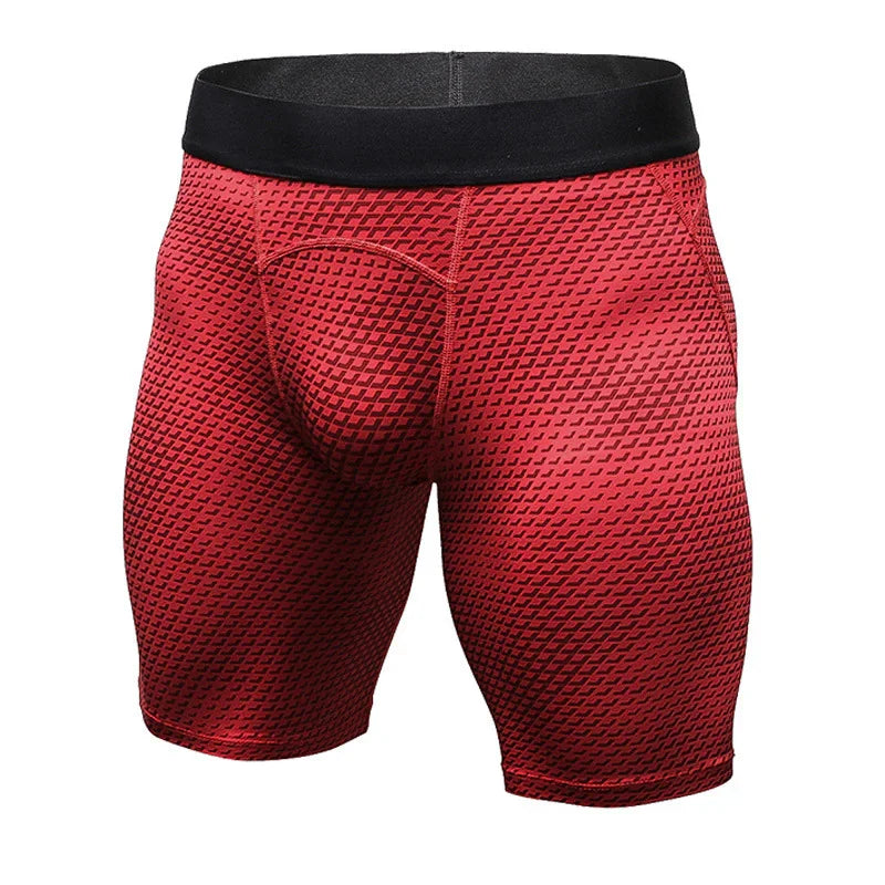Red textured men's compression shorts with black waistband on white background