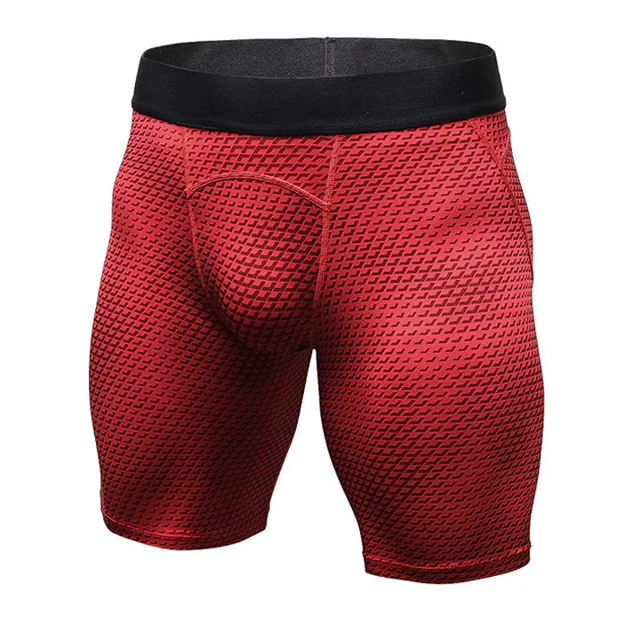 Red textured men's compression shorts with black waistband on white background