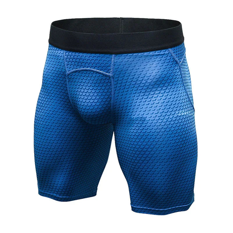 Blue textured men's compression shorts with black waistband on white background