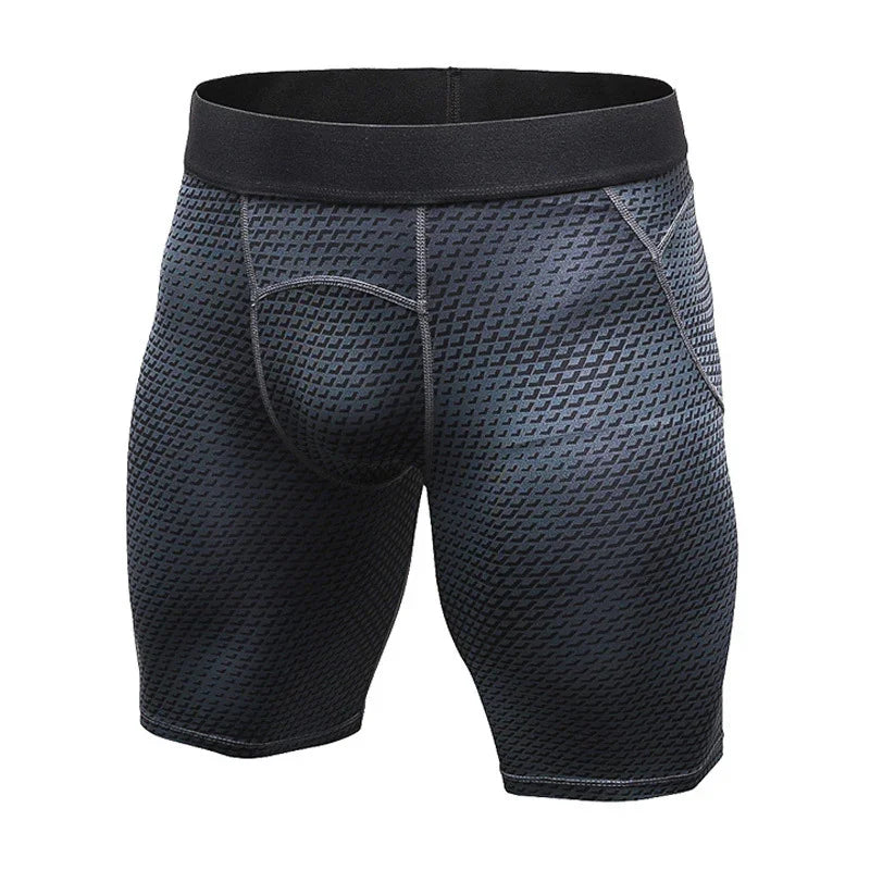 Men's black compression shorts with geometric textured pattern and elastic waistband