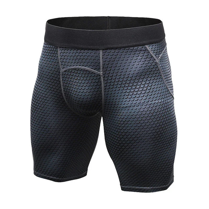 Men's black compression shorts with geometric textured pattern and elastic waistband