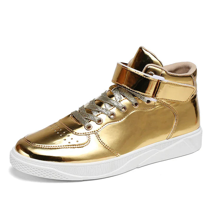 Shiny gold metallic high-top sneaker with white sole and gold laces on white background