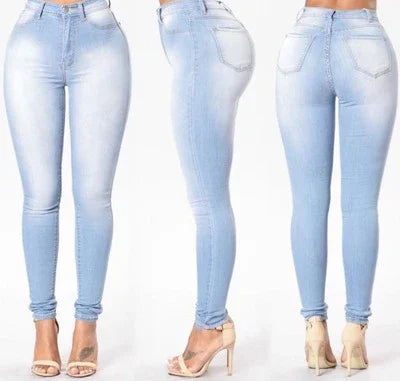 Front, side, and back views of light blue skinny jeans worn by a model with high-heeled sandals