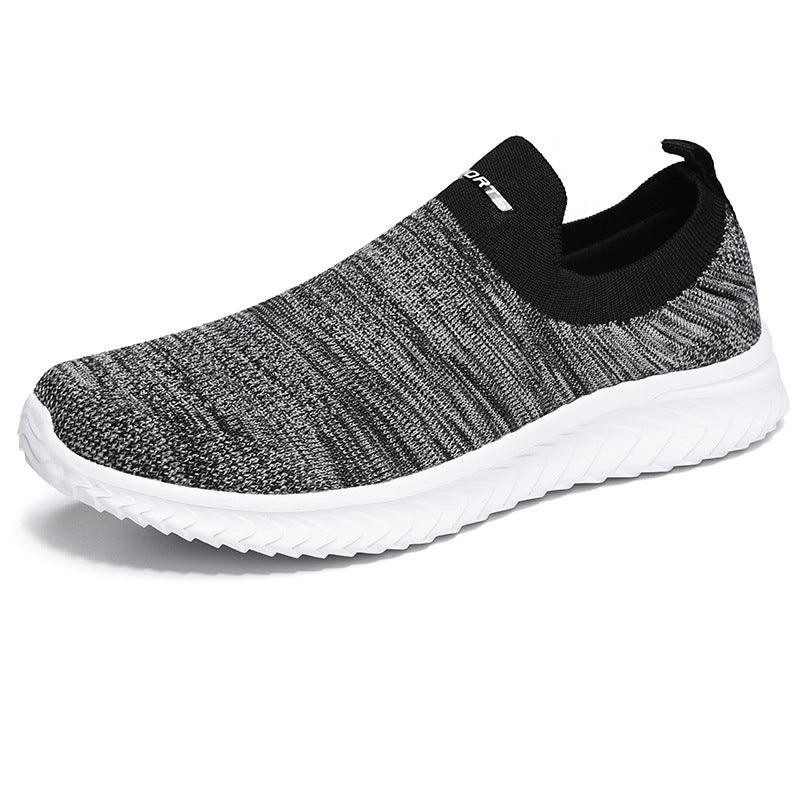 Gray and black slip-on knit sneaker with white sole for casual sportswear