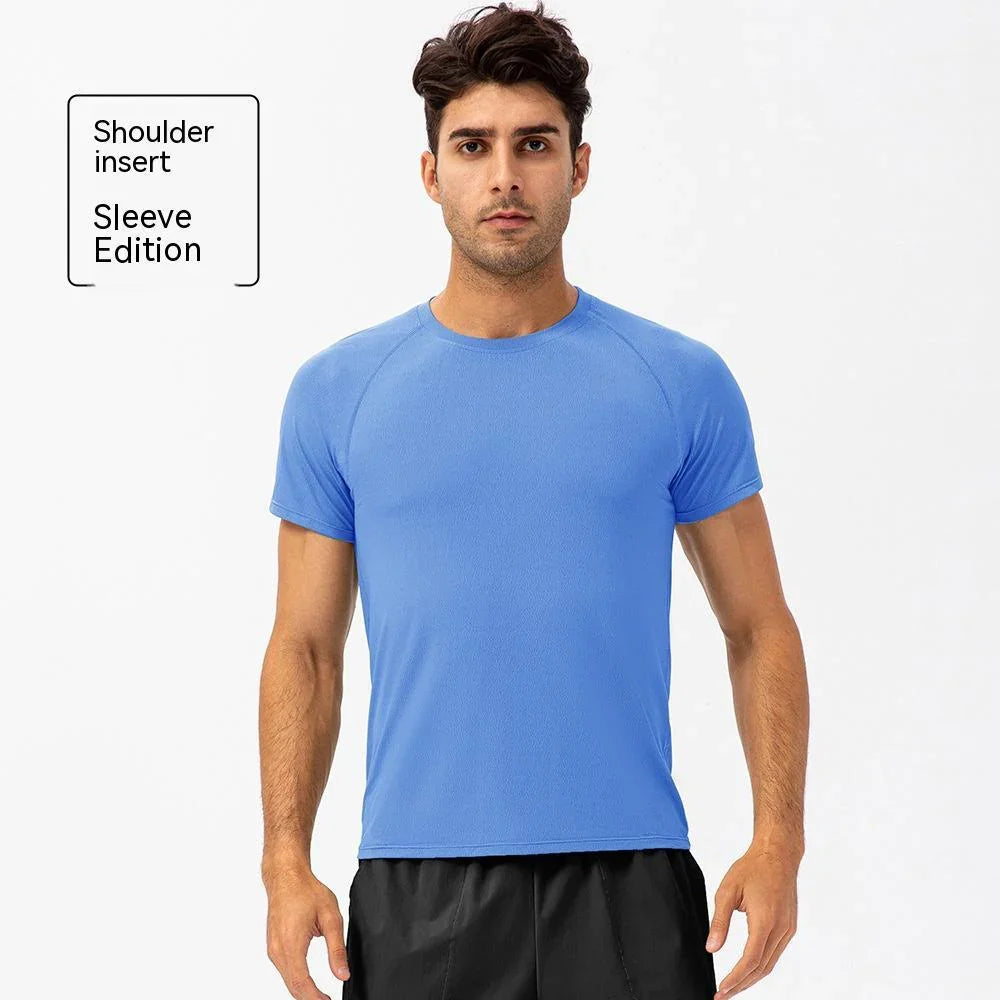 Man in blue short sleeve athletic t-shirt with shoulder insert, Sleeve Edition style